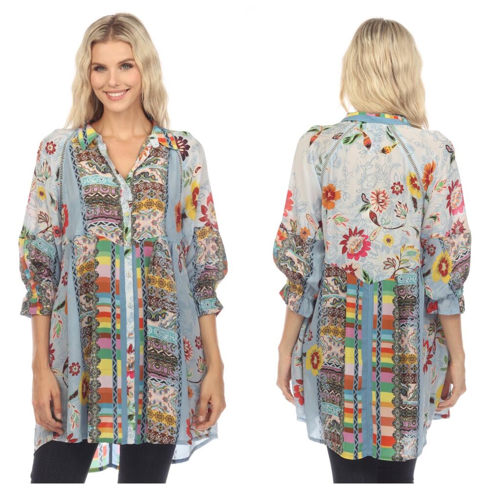Johnny Was Silk Rainbow Floral Top